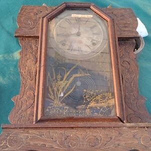 Mid 1800's Sessions Wooden Wall Clock with Gold Accents